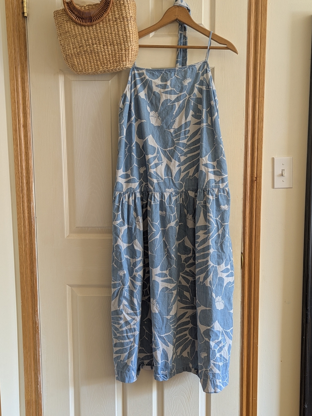 Floral Denim Drop Waist Maxi Dress